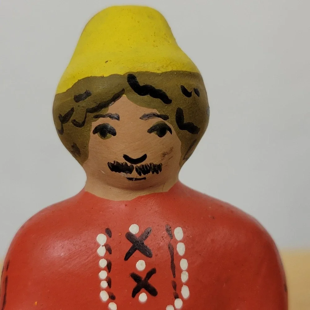 Vintage 90s Russian Pskov Clay Figurine Whistles Folk Art Hand Painted Couple